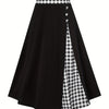 Color Block Plaid High-Waist A-Line Midi Skirt with Button Ruffle - Women's