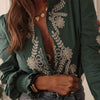 Women's Floral Embroidered Blouse — Green & White Color-Block Stand Collar with Lantern Sleeves