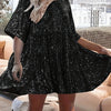 Plus Size Pleated Sequin Trim A-Line Midi Dress - Black Polyester, Crew Neck Short Sleeve