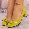 Women's Black Rhinestone Bow Pumps, Glossy Slip-On Block Heel Round Toe Dress Shoes