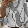 Women's Chain Print Button-Front Blouse - Mandarin Collar, Roll-Tab Sleeves, Lightweight Polyester