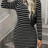 Women's Black & White Horizontal Stripe Sweater Dress – Crew Neck Machine-Washable Pullover for Office to Party