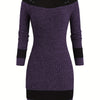 Plus Size Women's Color-Block Bodycon Dress – Long Sleeve Crew Neck, Casual Spring/Fall, Machine Washable