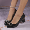 Women's Black Rhinestone Bow Pumps, Glossy Slip-On Block Heel Round Toe Dress Shoes