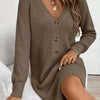 Plus Size V-Neck Long Sleeve Sweater Dress with Single Button Closure, Soft Pink Loose-Fit Casual Chic