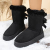 Women's Plush Faux Fur Snow Boots with Bow — Thick Cushioned PU Sole, Round Toe, Lightweight Durable Winter Boots for Hiking, Party & Travel — Black, Brown