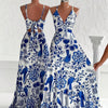 Blue Floral V-Neck Backless Evening Gown – Sleeveless A-Line Maxi Dress with Ruffled Hem & Butterfly Bow Tie Waist for Weddings, Parties & Prom (Machine Washable)