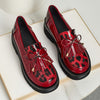Women's Sparkling Red Leopard Print Loafers with Bow — Thick Sole Penny Loafer, Round Toe, All-Season