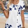 Women's Navy Floral Peplum Blouse - Short Sleeve Round Neck with Faux Buttons, Breathable Summer Top