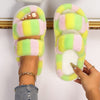 Tie-Dye Plush Slip-On Slippers for Women — Faux Fur Lining, EVA Non-Slip Sole, Pastel Multicolor Indoor House Shoes