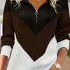 Plus Size Women's Black & White Color Block V-Neck Sweater, Ribbed Long Sleeve Pullover with Button Detail