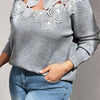 Plus Size V-Neck Heart Sweater – Lace Trim Embroidered Knit, Long Sleeve, Stretch Polyester, Machine Washable
