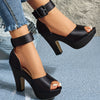 Women's Satin Peep-Toe Platform Chunky High Heels with Buckle Ankle Strap, Comfortable Travel & Shopping Pumps