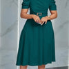 Women's V-Neck Ruched Midi Dress with Belted Waist, Short Sleeve Flowy Skirt for Spring/Summer