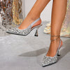 Women's Silver Pointed Toe D'Orsay High Heels - Rhinestone & Pearl Embellished Flare Heel Evening Pumps