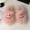 Bright Pink Faux Fur Slippers for Women - Plush Cartoon Face Indoor House Shoes, Warm Fabric Lining & Non-Slip TPR Sole