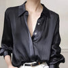 Women's Black Satin-Finish Button-Up Shirt, 100% Polyester Long Sleeve, Regular Fit, Machine Washable