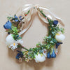 Handcrafted Floral Hair Wreath Headband – Blue & White Faux Flower Crown with Green Leaves for Bridal & Bridesmaid Photoshoots