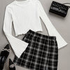 Women's Round Neck Bell Sleeve Top and Black and White Plaid Skirt Two-Piece Set