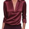 Silvery Satin V-Neck Blouse for Women, Long Sleeve Button-Front Satin Shirt, Elegant Smooth Finish