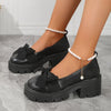 Women's Bow Accent Penny Loafers with Faux Pearl Ankle Strap, Chunky Heel Platform
