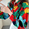 Women's Geometric Print Button-Up Blouse - Long Sleeve Lapel Collar Color Block Top for Casual & Formal Wear