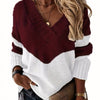 Plus Size Colorblock V-Neck Sweater - Stretch Knit Long Sleeve Pullover