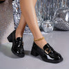 Women's Black Patent Preppy Loafers with Gold Buckle, Round Toe & Thick Rubber Sole — Lightweight All-Season Comfort