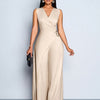 Elegant Beige Full-Zip Jumpsuit – Short Sleeve V-Neck A-Line, Wrinkle-Resistant & Machine Washable, Business Casual to Party