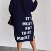 Plus Size Navy Oversized Sweaterdress - Midi A-Line Pullover with 'It's Okay Not to Be Perfect' Print, Medium Stretch, Machine Washable