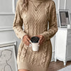 Women's Cable Knit Sweater Dress - High Neck Rib-Knit Long Sleeve Fall/Winter