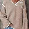 Women's Plus Size V-Neck Loose Fit Knit Sweater - Light Gray with Contrast Trim, Long Sleeve Pullover