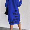 Plus Size Navy Oversized Sweaterdress - Midi A-Line Pullover with 'It's Okay Not to Be Perfect' Print, Medium Stretch, Machine Washable