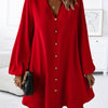 Chic V-Neck Long Sleeve A-Line Dress - Button Front, Stretchy Polyester Blend, Machine Washable