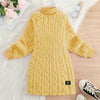Girls' Mustard Yellow Fleece Cable Knit Dress - Long Sleeve Casual Fall/Winter, Machine Washable