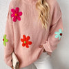 Plus Size Floral Applique Knit Sweater – Women's Long Sleeve High Neck Pullover for Fall & Winter