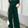 Women's Black Summer Jumpsuit - Crew Neck Short Sleeve Wide-Leg Palazzo with Elastic Waist & Belt, 100% Polyester