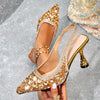 Women's Silver Pointed Toe D'Orsay High Heels - Rhinestone & Pearl Embellished Flare Heel Evening Pumps