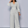 Polka Dot V-Neck Jumpsuit for Women, Long Sleeve Shirred Waist Wide Leg - Spring/Fall Casual to Formal