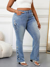 Plus Size High-Rise Bootcut Jeans for Women Tummy Control Curvy Fit Floral Embroidery