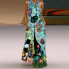V-Neck Sleeveless Maxi Dress for Women – Retro Print Summer Sundress with Pockets, A-Line Floor-Length