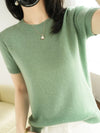 Women's Short-Sleeve Knit O-Neck Pullover - Wool-Cotton Blend Lightweight Summer Top