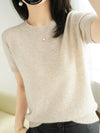 Women's Short-Sleeve Knit O-Neck Pullover - Wool-Cotton Blend Lightweight Summer Top