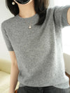 Women's Short-Sleeve Knit O-Neck Pullover - Wool-Cotton Blend Lightweight Summer Top