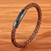 Men's Black Genuine Leather Handwoven Bracelet with Stainless Steel Toggle Clasp - 19/21/23 cm (7.5/8.3/9.1 in)