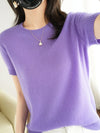 Women's Short-Sleeve Knit O-Neck Pullover - Wool-Cotton Blend Lightweight Summer Top