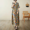 Women's Cotton-Linen Ankle-Length Floral Maxi Dress, Vintage Harajuku O-Neck Short Sleeve Beach & Streetwear