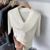 Women's Short Sleeve V-Neck Slim Fit Knit Sweater - Korean-Inspired Pullover Top