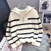 Women's Striped Zipper-Layer Knit Pullover — Casual Loose-Fit Sweater for Spring & Autumn