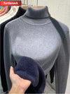 Velvet Lined Turtleneck Sweater Slim Knit Pullover for Women Warm Winter Korean Style
